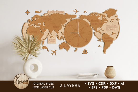 Clock World Map Wooden Wall Art for Laser Cutting